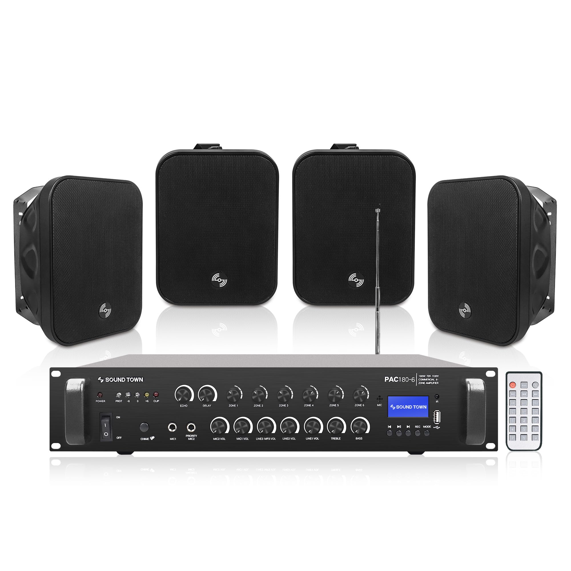 Sound Town Commercial Restaurant Bluetooth Amplifier + Surface-Mount Speaker Set, with One 6-Zone 70V/100V Amplifier with Bluetooth, 4 x 5.25-Inch Surface-Mount Speakers, Black (PAC180X4MS5B)