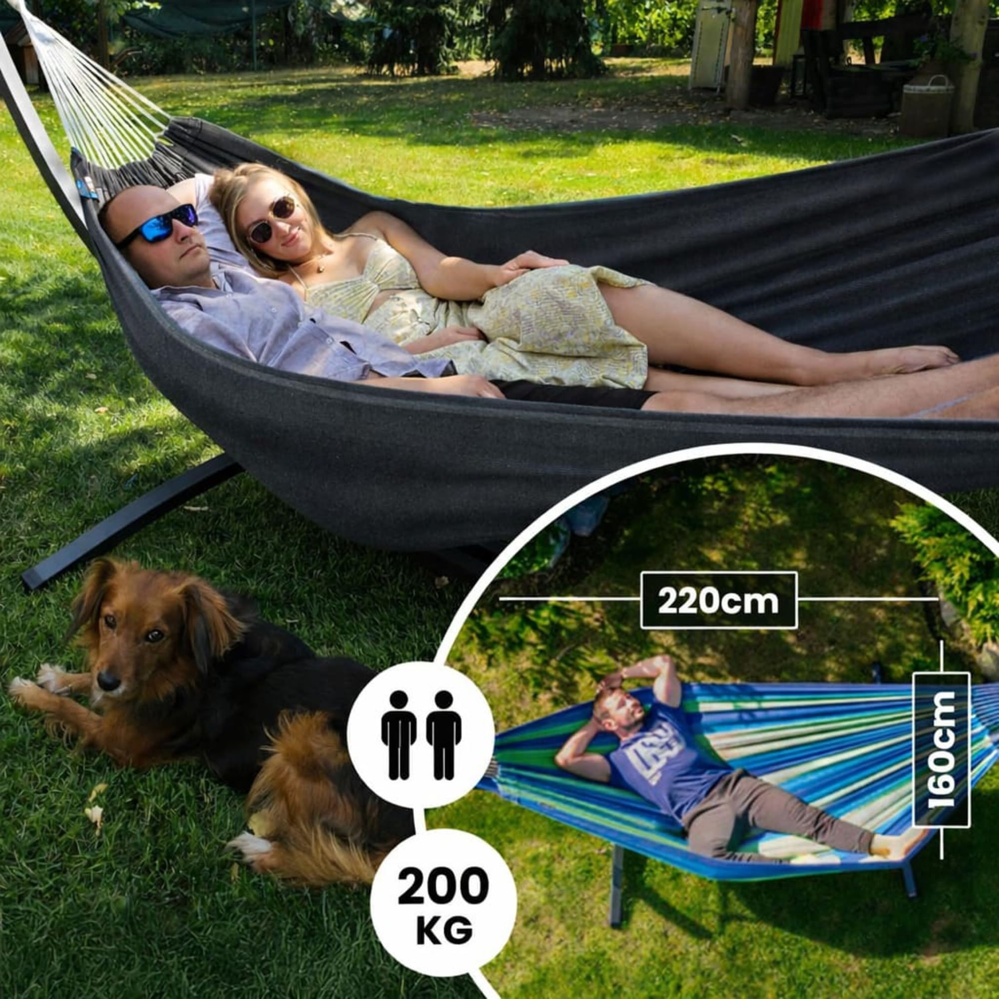 Potenza Outdoor Hängematte mit Gestell für 2 Personen I Baumwolle Doppelhängematte XXL 220x160, 200kg I Hängemattengestell 220kg, wetterfest (Grau, Basic Gestell Graphit)