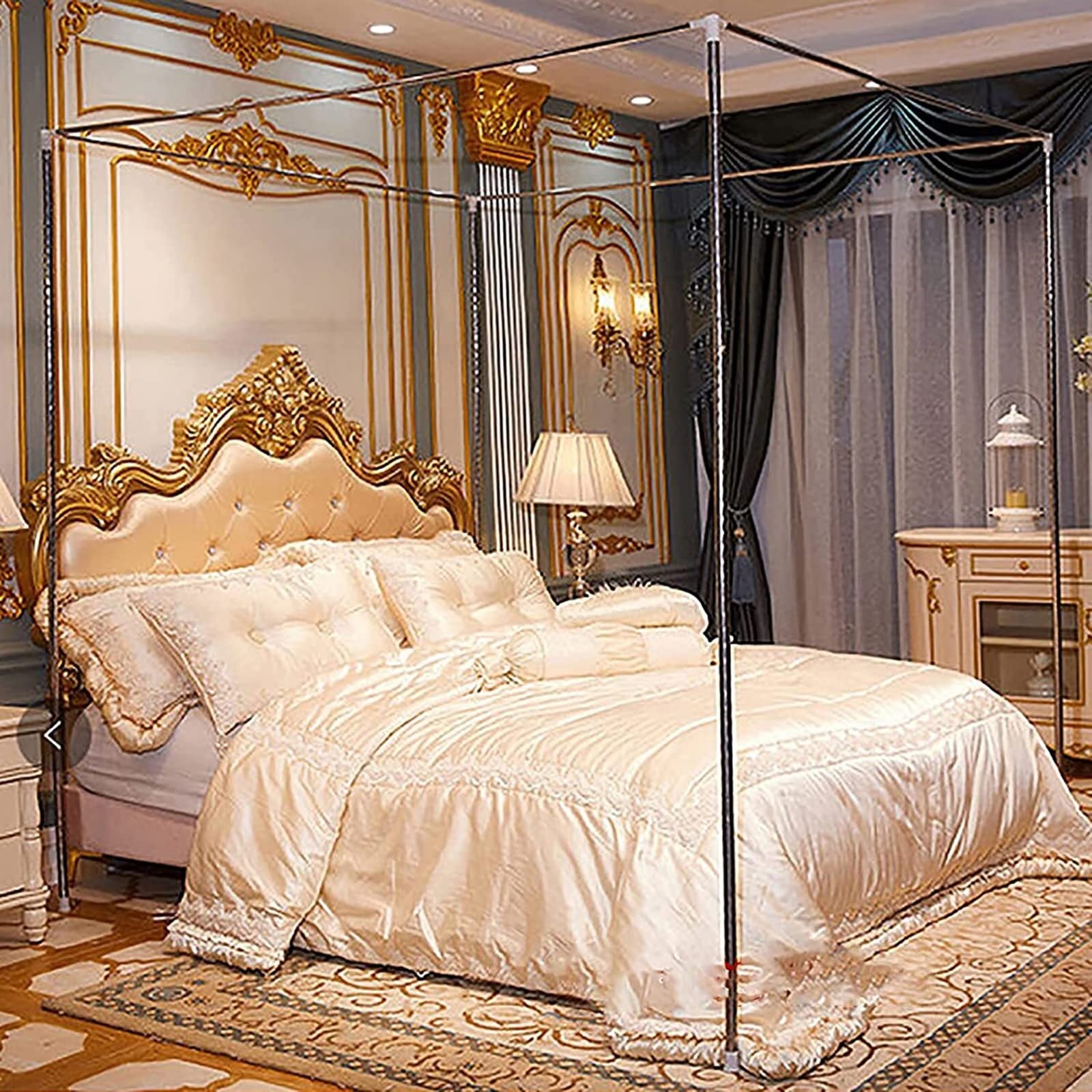 GJMSSMY Bed Canopies Frame,Stainless Steel Canopy Bed Frame with Mosquito Net Bracket, 4 Corner Bed Curtain Pole, Durable Silver Finish, Perfect for Any Bed Size (24mm, 1x2)