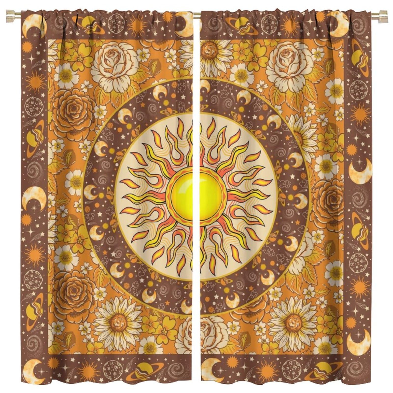 Vintage Sun&Moon Blackout Curtains for Bedroom, Indian Boho Outer Space Planet Fall Flowers Bohemian Hippie Decor Rod Pocket Thermal Insulated
