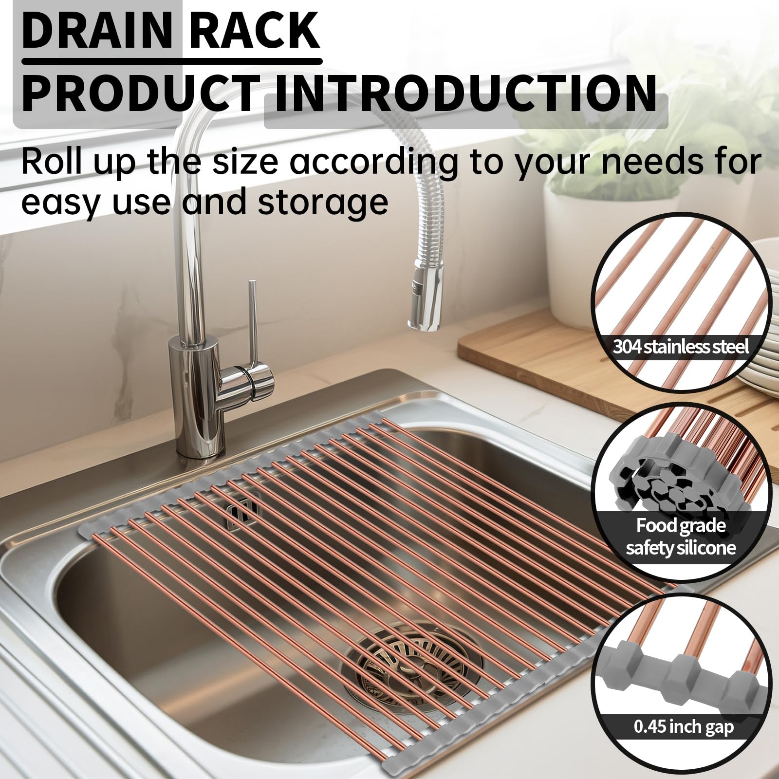 Escurridor grande enrollable de 15.75 x 17 pulgadas sobre el fregadero, estante de secado de platos plegable multiusos de acero inoxidable con silicona antideslizante para escurridor de