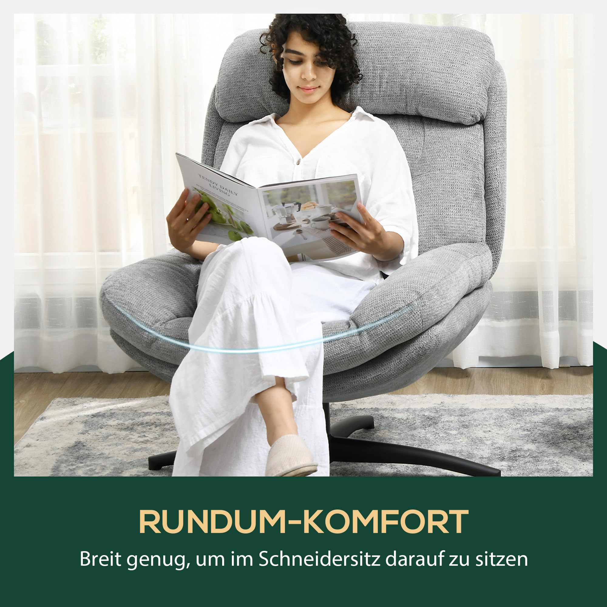 HOMCOM Sessel Wohnzimmer Drehbar Loungesessel mit Breiter Sitzfläche, Dicke Polster Schneidersitz Relaxsessel Lesesessel mit Wasserabweisend Chenille-Optik, Polstersessel für Schlafzimmer Grau