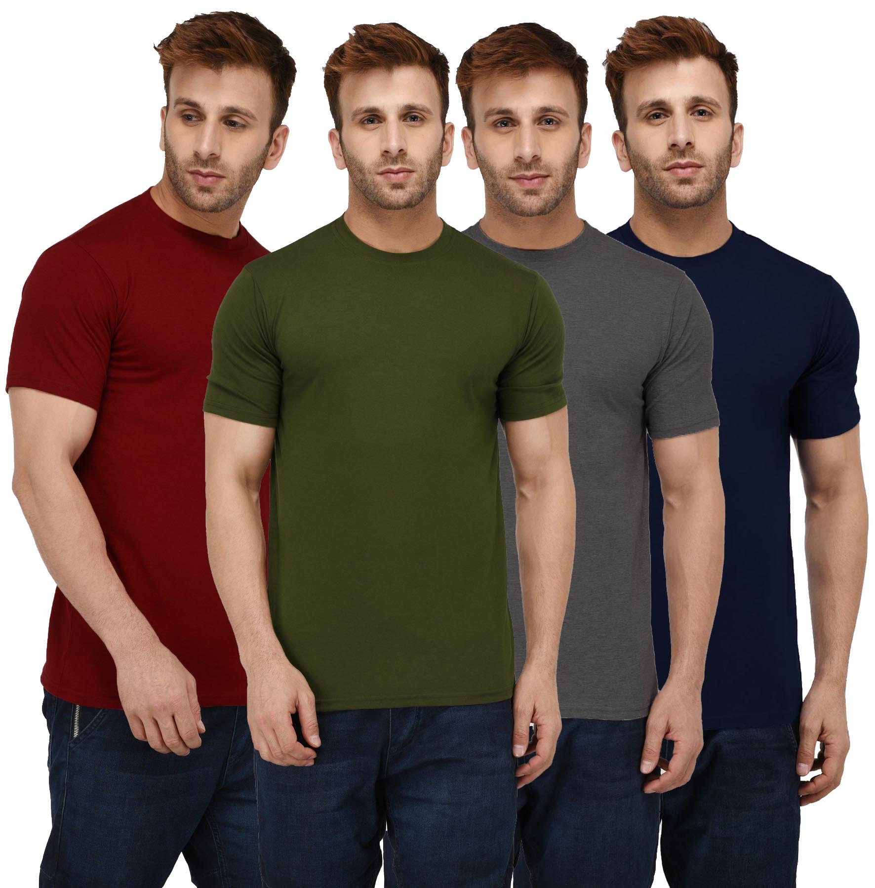 Men's Cotton Blend Regular Fit Solid Round Neck Half Sleeve T-Shirts - Pack of 4