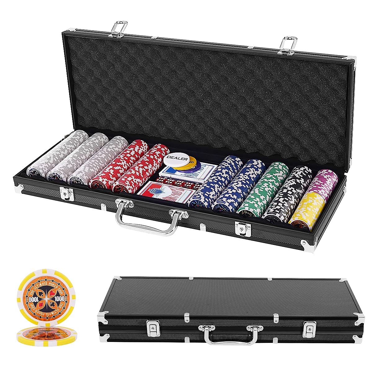 GOPLUS Maletín de póker de Aluminio Profesional con 500 fichas y 2 Juegos de Tarjetas, 3 Dealers, 1 Alfombra, Juego de Poker de Estilo Casino, Juego de póker para casa y Casino (Negro)