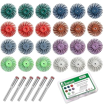 30PCS 1" Radial Bristle Disc Kit with 3mm Shank for Rotary Tools, Detail Abrasive Wheel Grit 80-2500 for Jewelry Wood Metal Polishing, Bristle Wheel Q-114