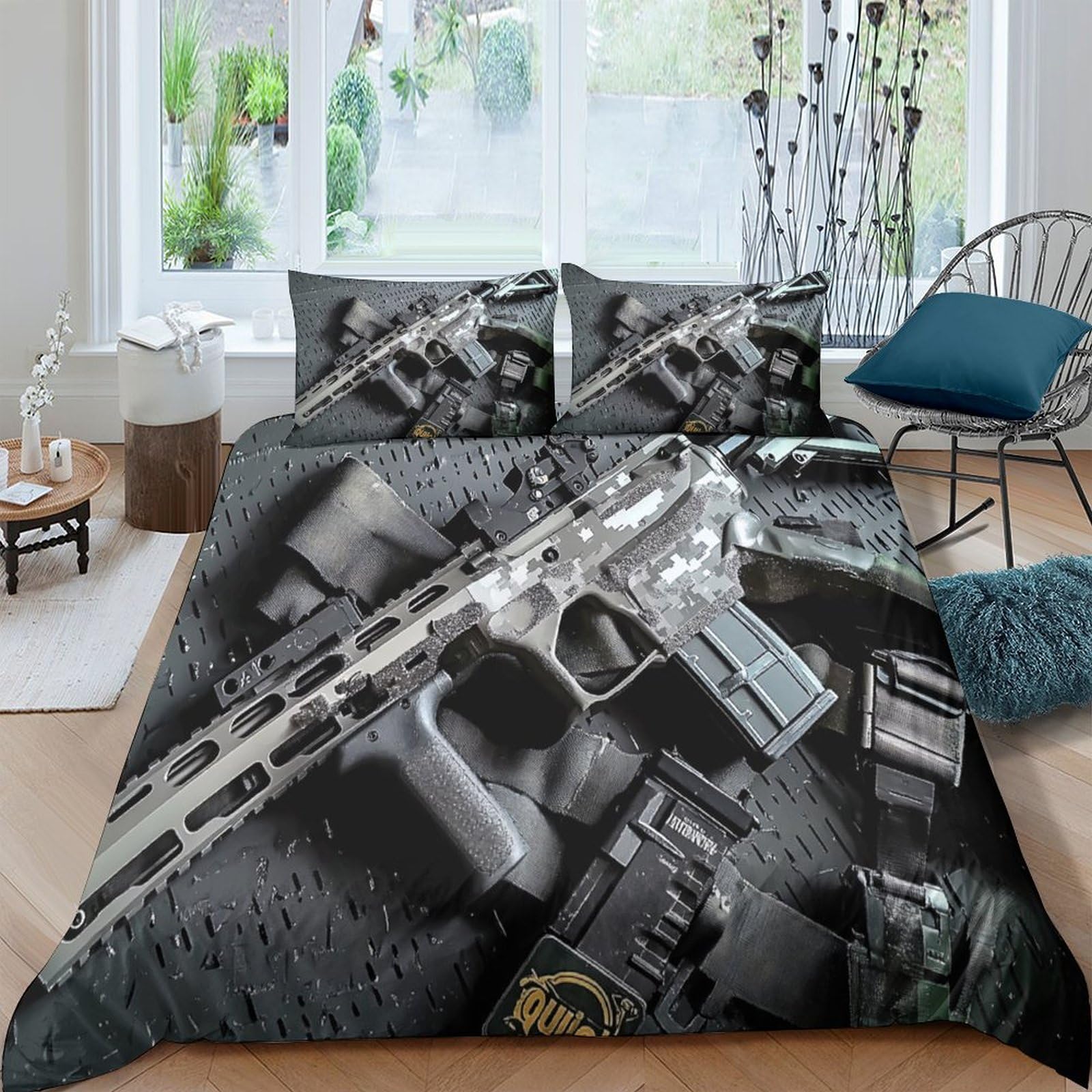 Ctjqhvkz Style-4 3D Printed Tactical Rifle Fitted Sheet Microfiber Grey Black Gun Pattern Bed Cover For Bedroom Dorm Easy Care Single（135X200cm）
