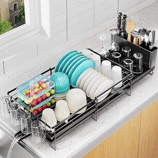 Pantasia Large Expandable Dish Drying Rack with Drainboard, Utensil & Cup Holders - Adjustable 13.4-28.7in Kitchen Counter Drainer