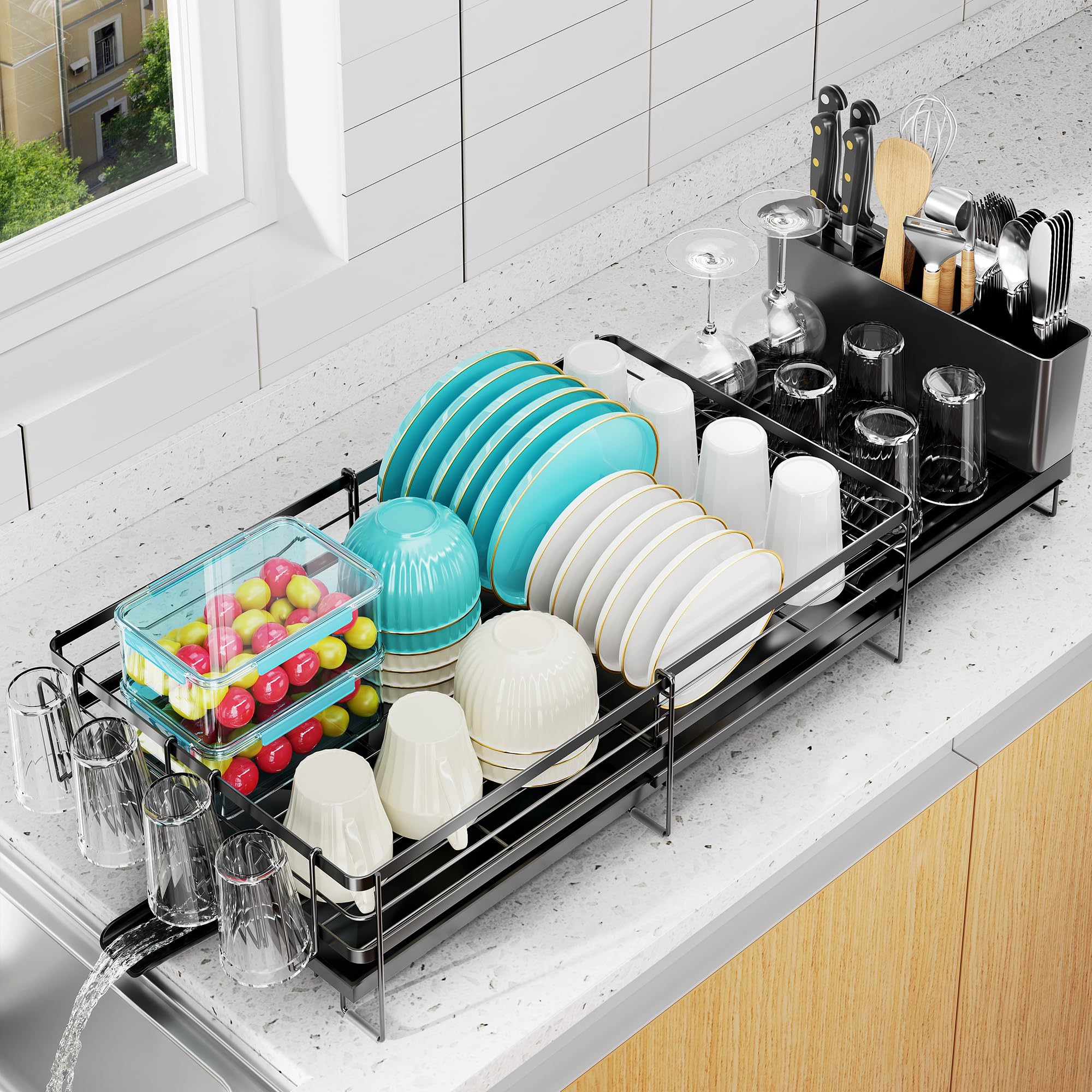 Photo 1 of Pantasia Large Dish Drying Rack, Expandable Dish Rack for Kitchen Counter, Dish Drainer with Drainboard Set, Multifunctional Dishrack with Utensil & Cup Holder, 13.4"-28.7" L x 11.8" W x 7.4" H, Black
