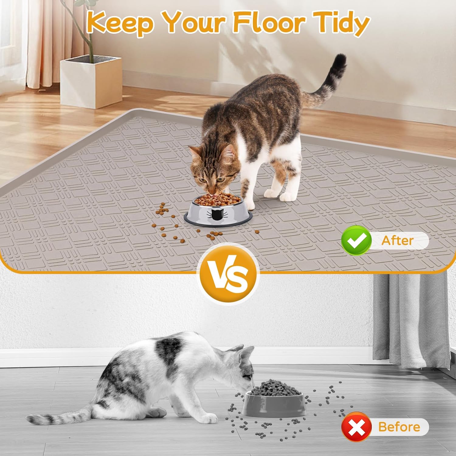 Lanstics Cat Food Mat, 42" x 29" Large Silicone Mat Cat Feeding Mat with Raised Edge Non-Slip Pet Feeding Mat for Food and Water Bowl, Easy to Clean, Floor Protection (Beige)