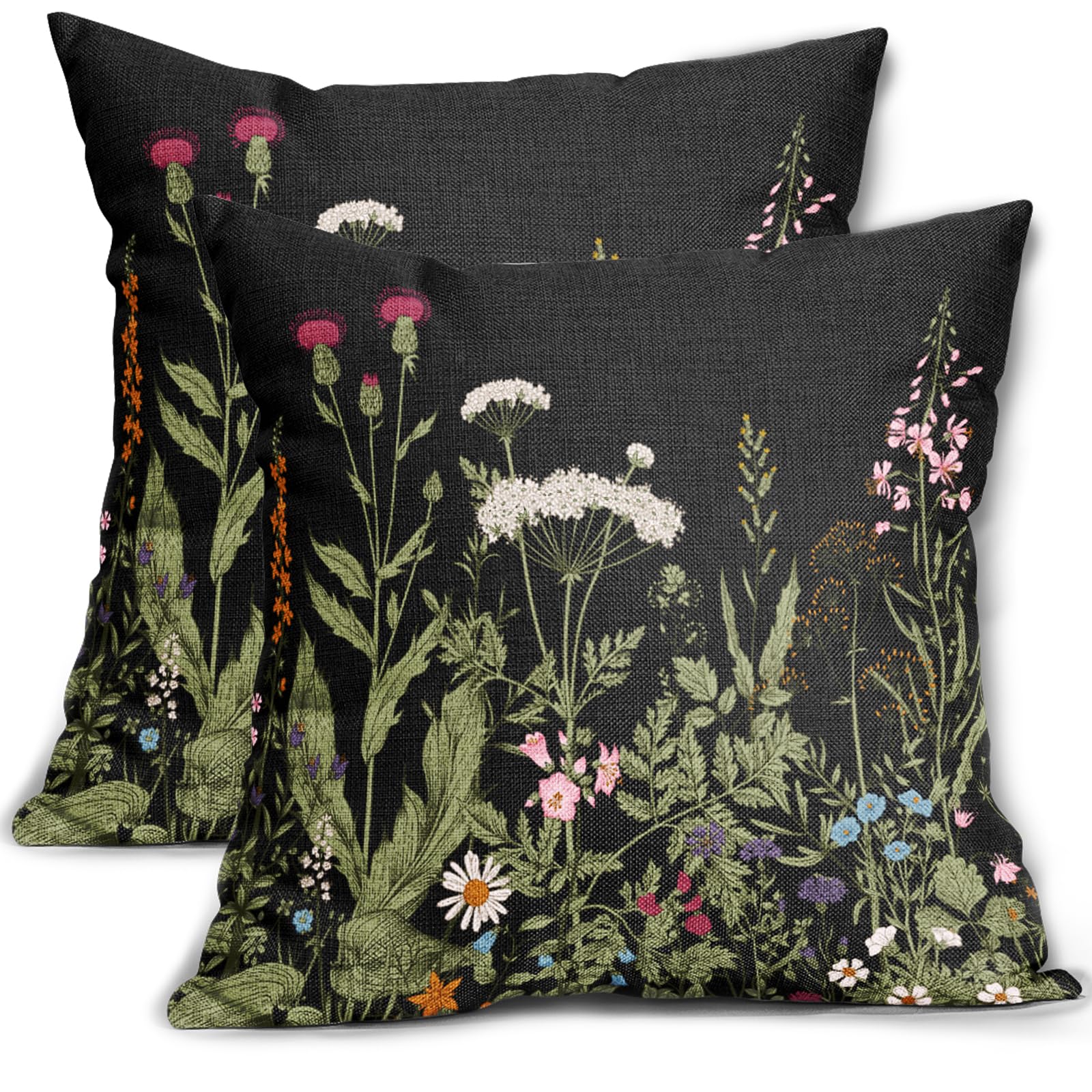 Spring Pillow Covers 20x20 Set of 2 Sage Green Black Floral Wild Flower Plant Vintage Botanical Print Decorative Throw Pillow Cases Outdoor Seasonal Farmhouse Decor for Sofa Couch Bed