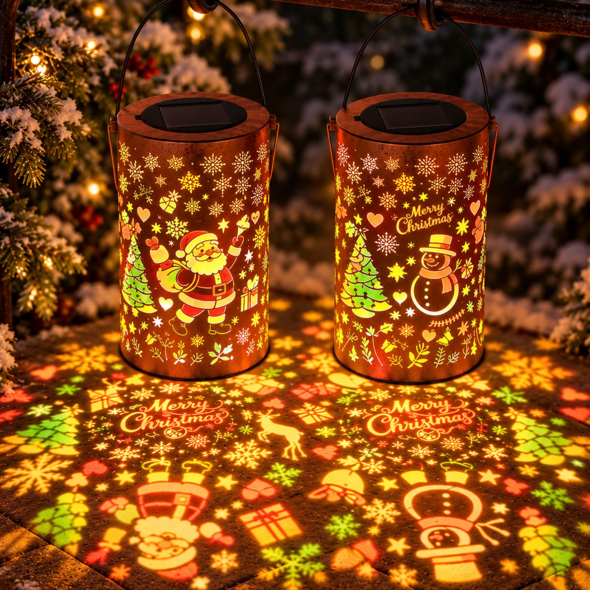 Solar Christmas Lantern Outdoor2 Pack, Hanging Metal Projection Lantern with Snowman Santa Tree Cutout Design, Warm White Multicolor LED Christmas Decor, Waterproof IP65, for Patio Garden Porch Yard