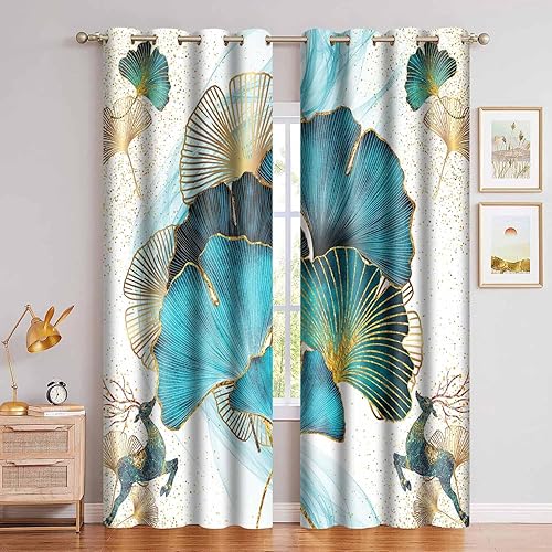 CLZYMS490 - Cortinas opacas de hojas de ginkgo con textura dorada, aislamiento de hojas de ginkgo, arte moderno abstracto, cortina botánica azul