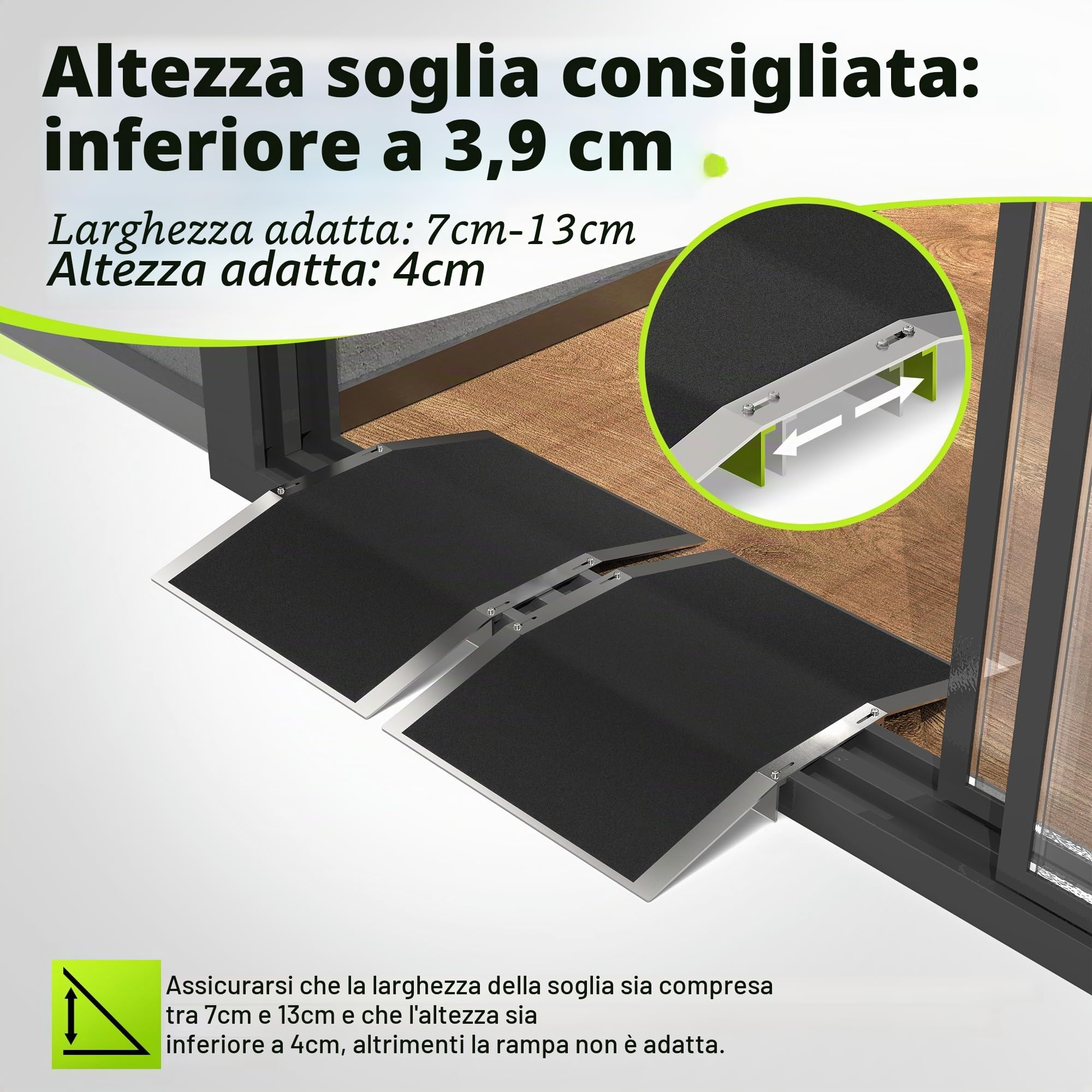 Confezione da 2 Rampe per Soglie di Porta - 30 cm × 4 cm - Rampa per Soglie Regolabile per Passaggi di Porte da 7-13 cm di Larghezza - Rampa per Sedie a Rotelle in Alluminio Antiscivolo per