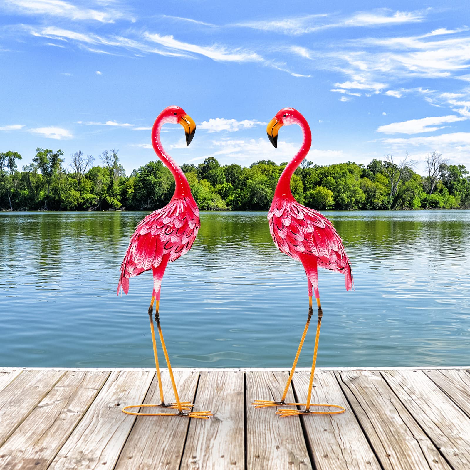 GOPLUS 2 Piezas de Figuras Jardín Exterior 89 cm, Metal Rosa Flamenco de Jardín Decoración al Aire Libre, Escultura de Pájaro para Decorar el Césped, Estanque y Terraza