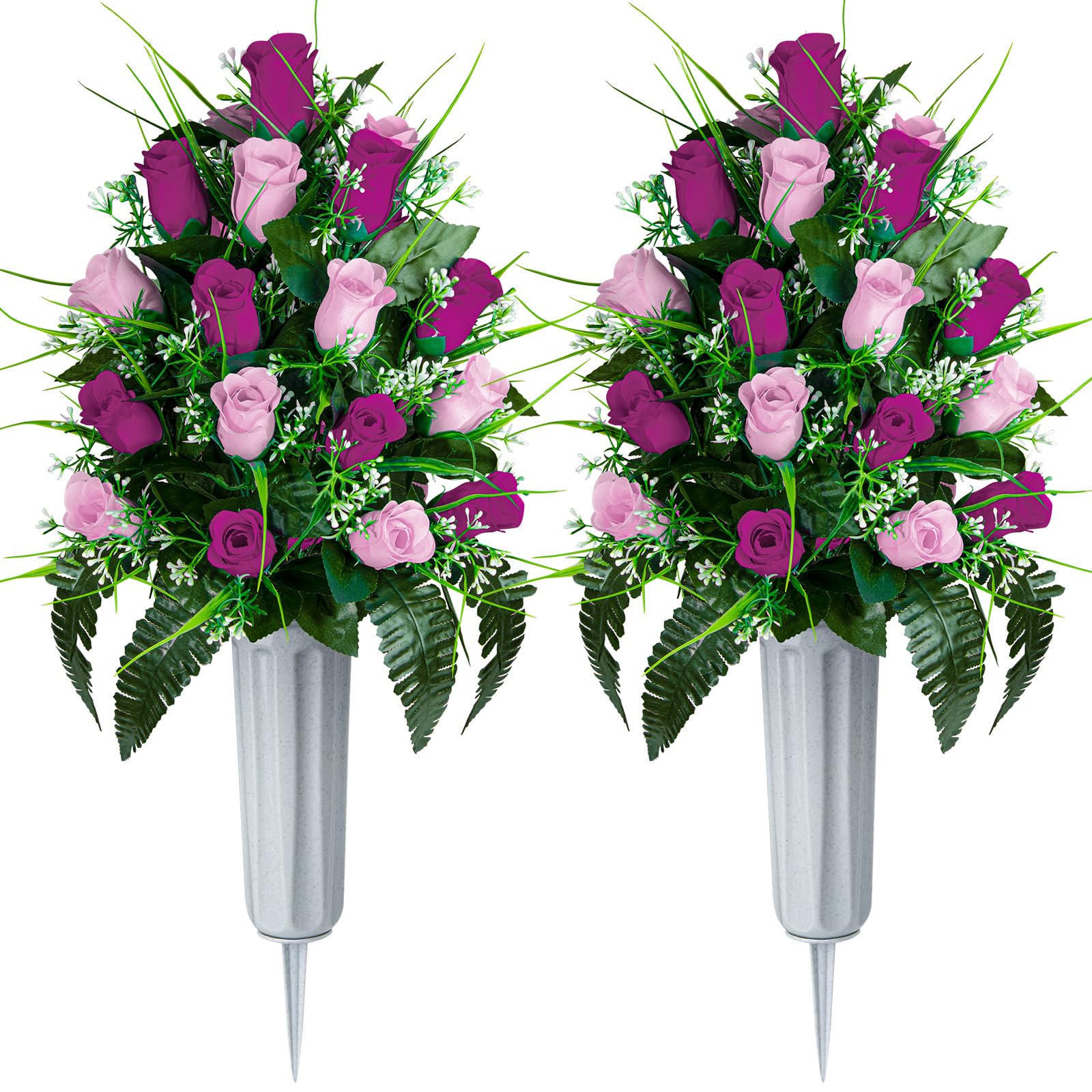 SIFOEL Artificial Cemetery Flowers - Set of 2 Grave Memorial Rose Flowers with Vase for Cemetery Headstones Gravesites Decoration (Purple&Pink) — image 1