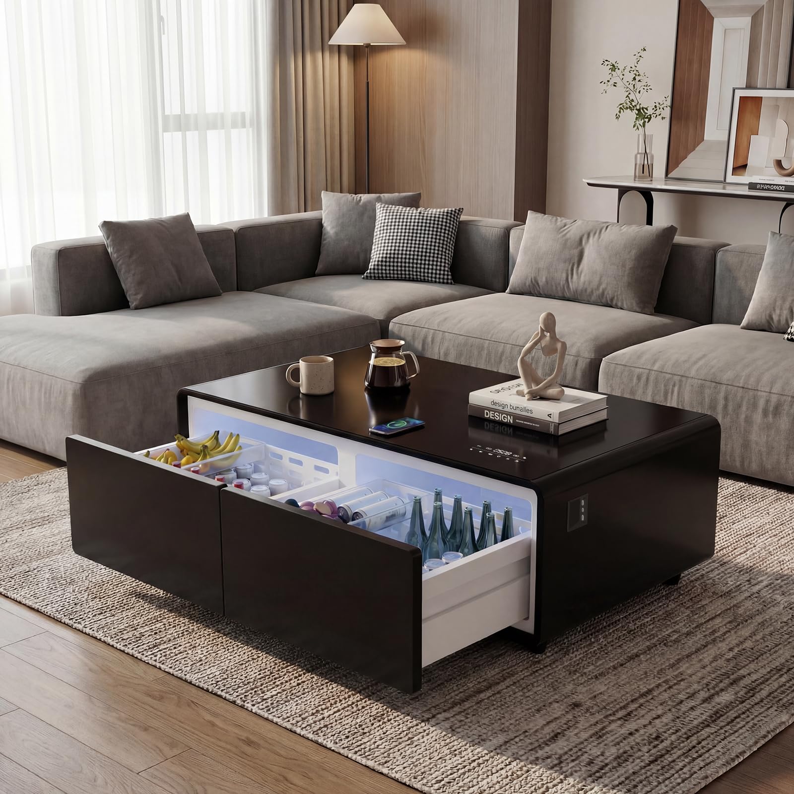 LIVTAB Smart Coffee Table, 27.7" D x 51" W x 18.1" H, Living Room Table with Built in Fridge and Speakers, Smart Table with 15W Wireless Charging, USB Chargers and 110V Outlets (Black)