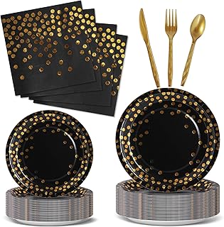 Nkaiso Party Tableware 144 Pieces Black Gold Kids Birthday Party Plates Party Supplies Set Includes Paper Plates Napkins Reusable Cutlery for Birthday Decorations Christening Wedding Shower-24 Guests