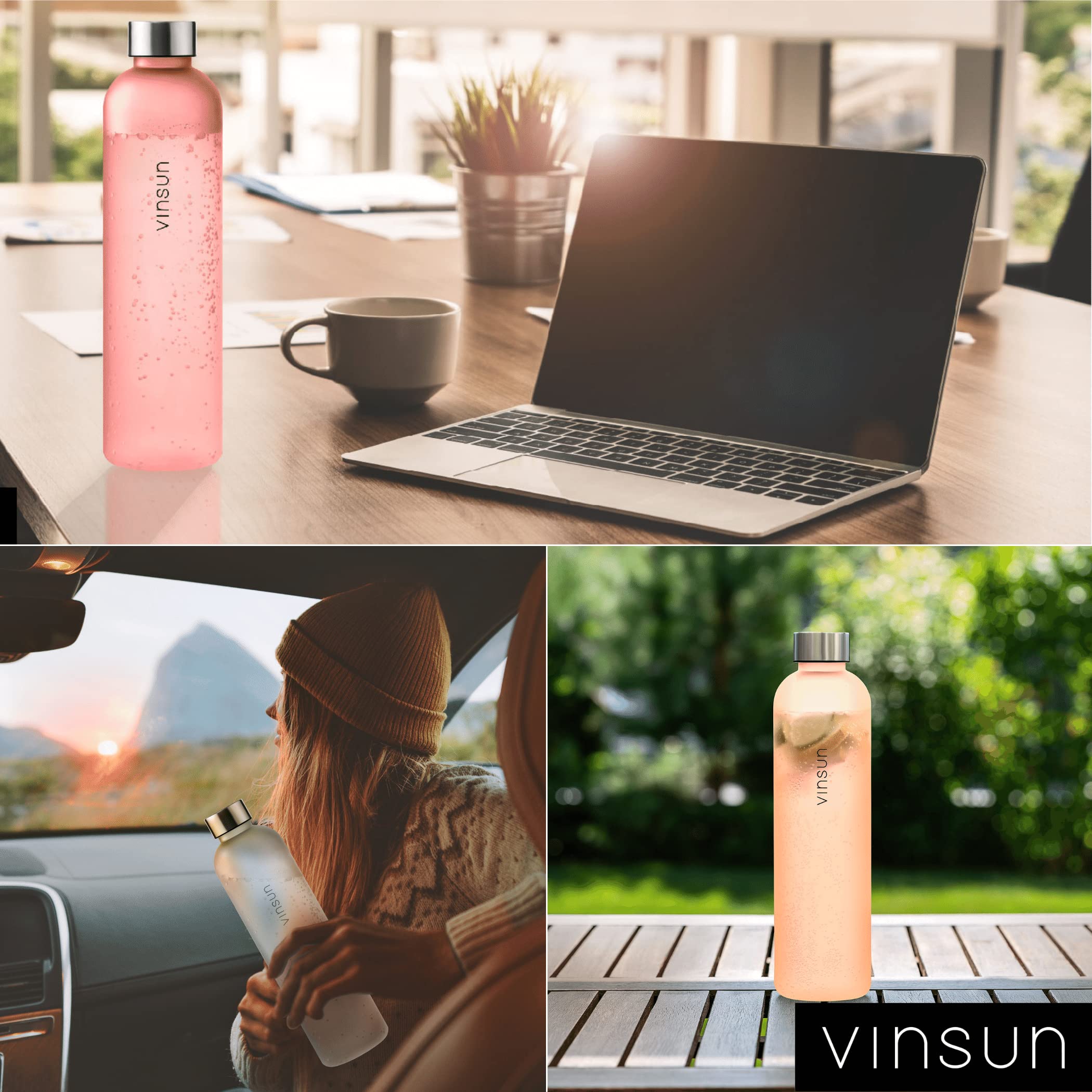 VINSUN Borraccia 1 litro in Tritan Rosa - Riutilizzabile, Senza BPA, Bevande Gassate - Bottiglia Acqua Sostenibile per Palestra, Bici, Sport, Scuola, Università