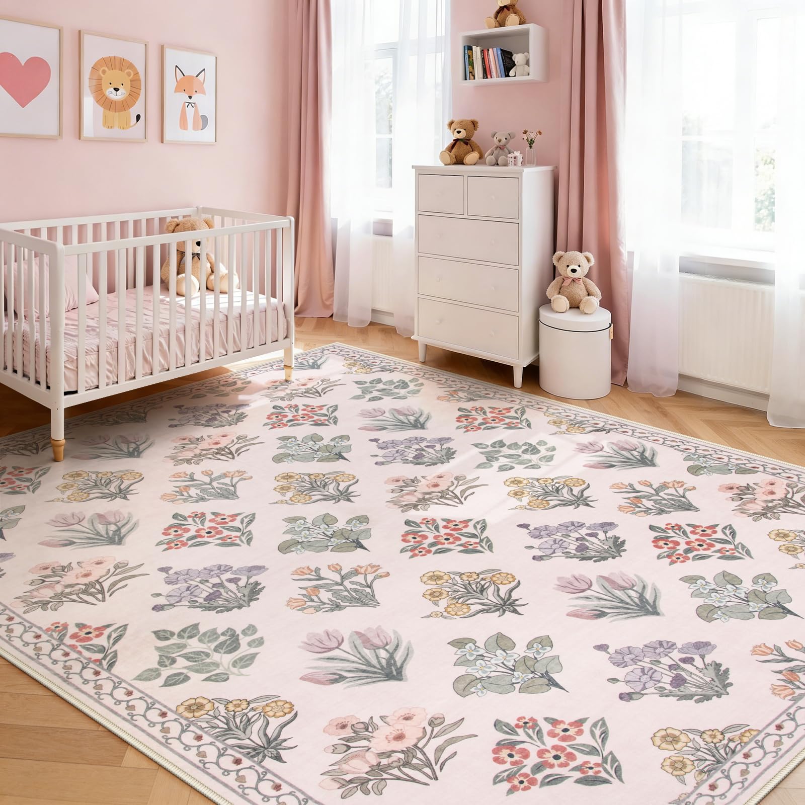 Photo 1 of ***FACTORY SEALED***Wonnitar 8x10 Washable Rug, Pink Rugs for Girls Bedroom Decor, Boho Ultra-Thin Non Slip Soft Moroccan Floral Large Carpet for Living Room Baby Nursery Kids Playroom, Pale Pink