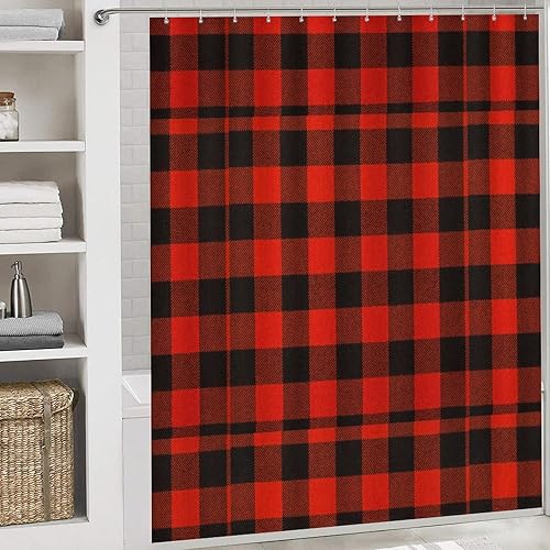 Miniatura 5 de Juego de 4 alfombrillas de baño, cortina de ducha a cuadros rojos y negros con tapetes de baño antideslizantes para baño