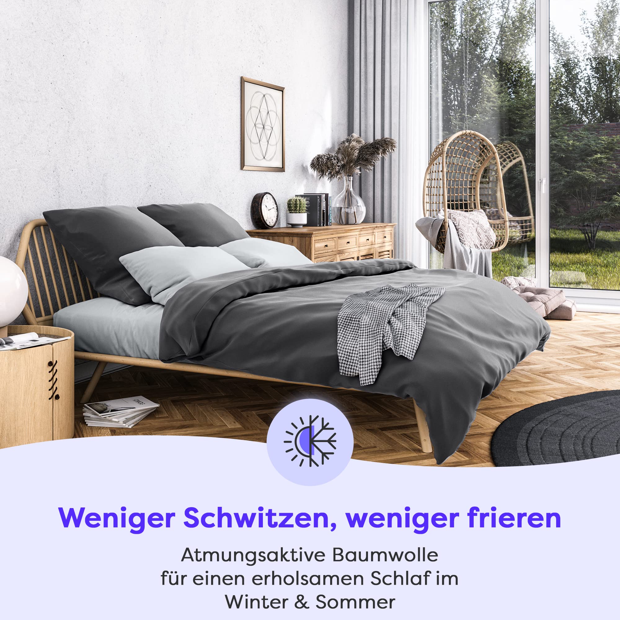 Wolkenfeld Satin Bettwäsche 135x200 4teilig - 100% Baumwolle - Traumhaft weiches Mako Satin - Bettwäsche-Set - 2X Bettbezug 135 x 200 + 2X Kissenbezug 80x80 - Anthrazit Grau