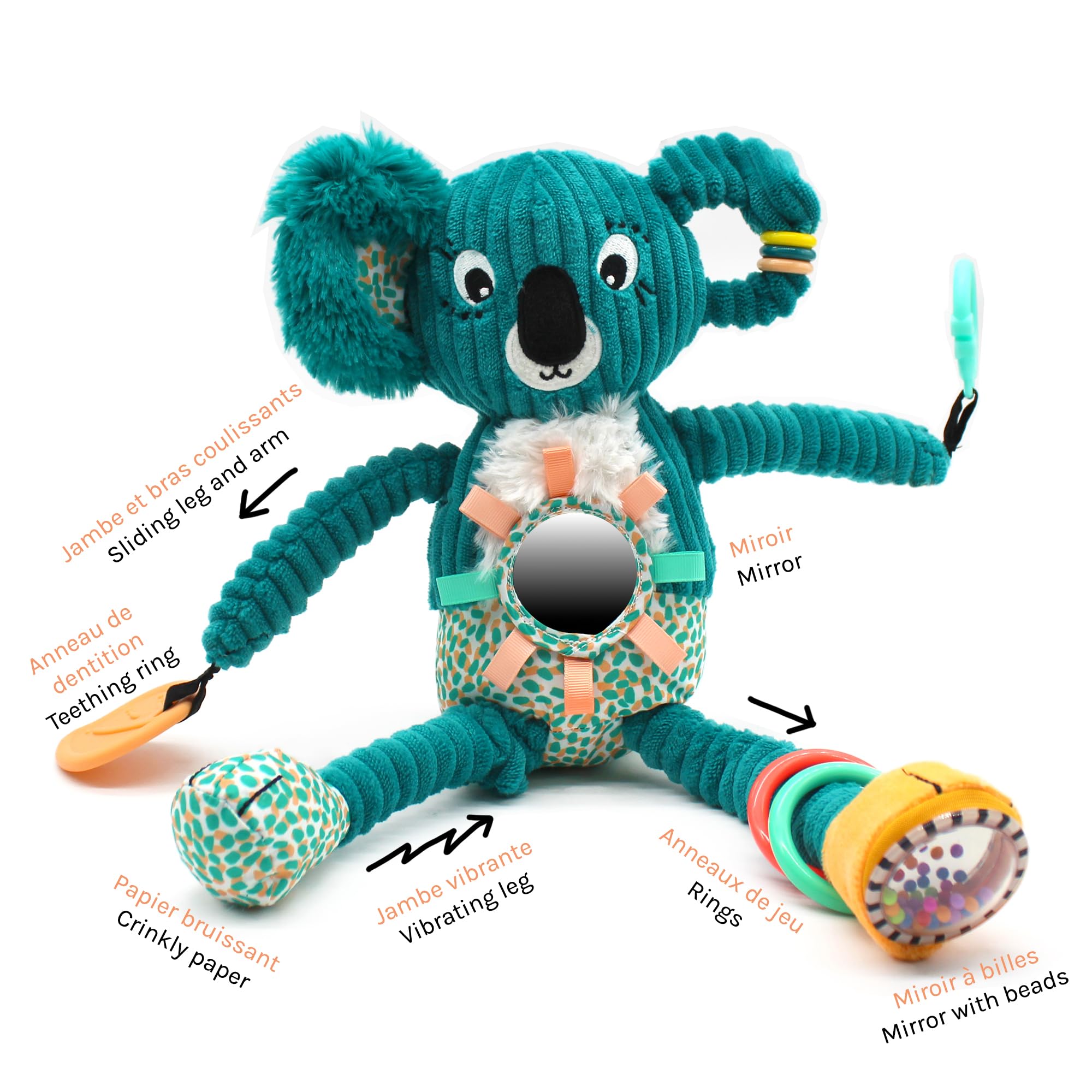 Les Deglingos – Plüschtier Aktivität Nomade Berlingos der Koala – Blau – Spielzeug für Babys – Geschenkidee – ab Geburt – 36 cm