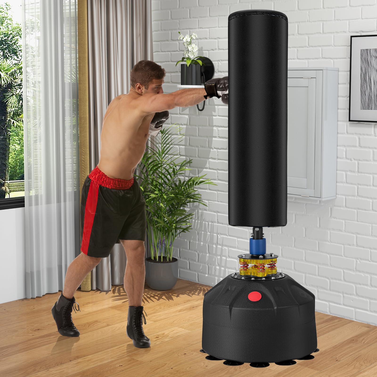 KOMFOTTEU Sac de frappe sur pied de 173 cm avec support, sac de frappe debout avec base à ventouse et gants de boxe, sac de frappe pour adultes