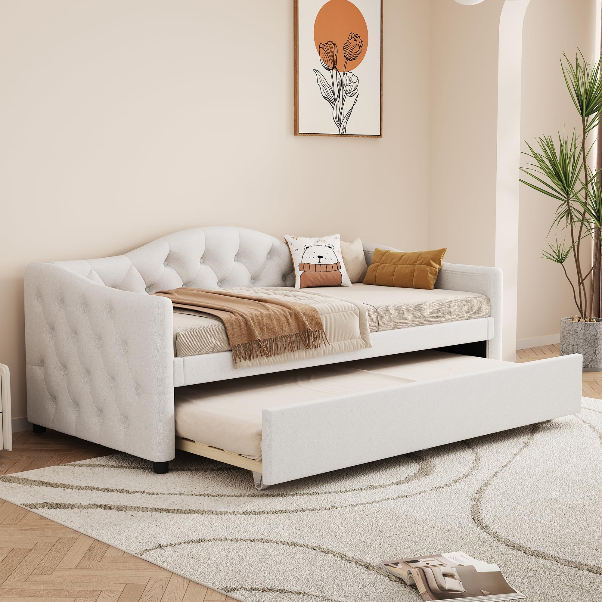 Letto giornaliero, 90 x 200 cm, con letto estraibile, divano letto, letto singolo (senza materasso), lino, stile minimalista (beige)