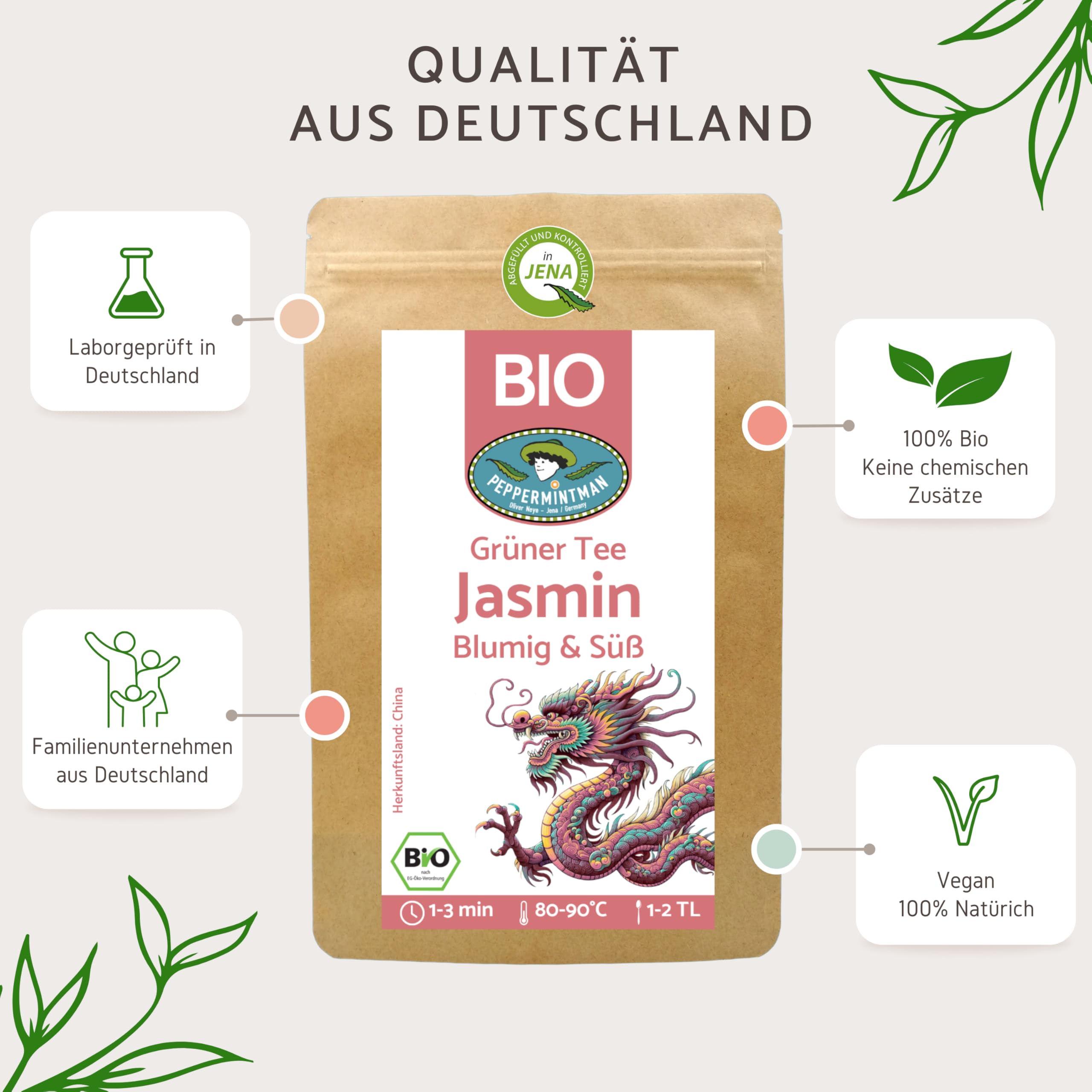 Bio Jasmintee 1kg - Grüner Tee lose - traditionell und natürlich aromatisiert mit frischen Jasminblüten - aus dem chinesischen 'Goldenen Dreieck' des Teeanbaus - PEPPERMINTMAN