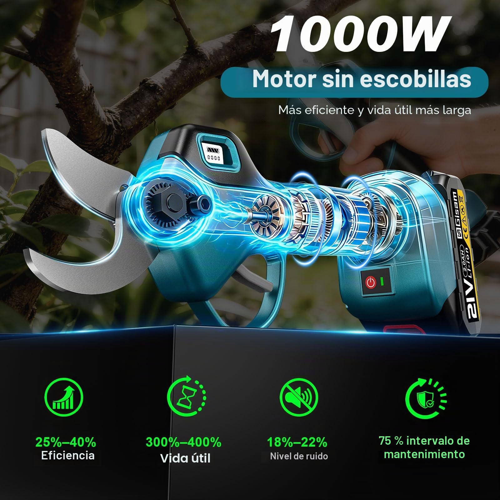 Tijeras de Podar Eléctricas con Palo Telescópico – Hasta 4,2 m de Alcance, motor sin escobillas, Tijeras de Podar Batería con 2 * Baterías y 3 pares de Hoja SK5, para Jardinería, Adecuado Granjas