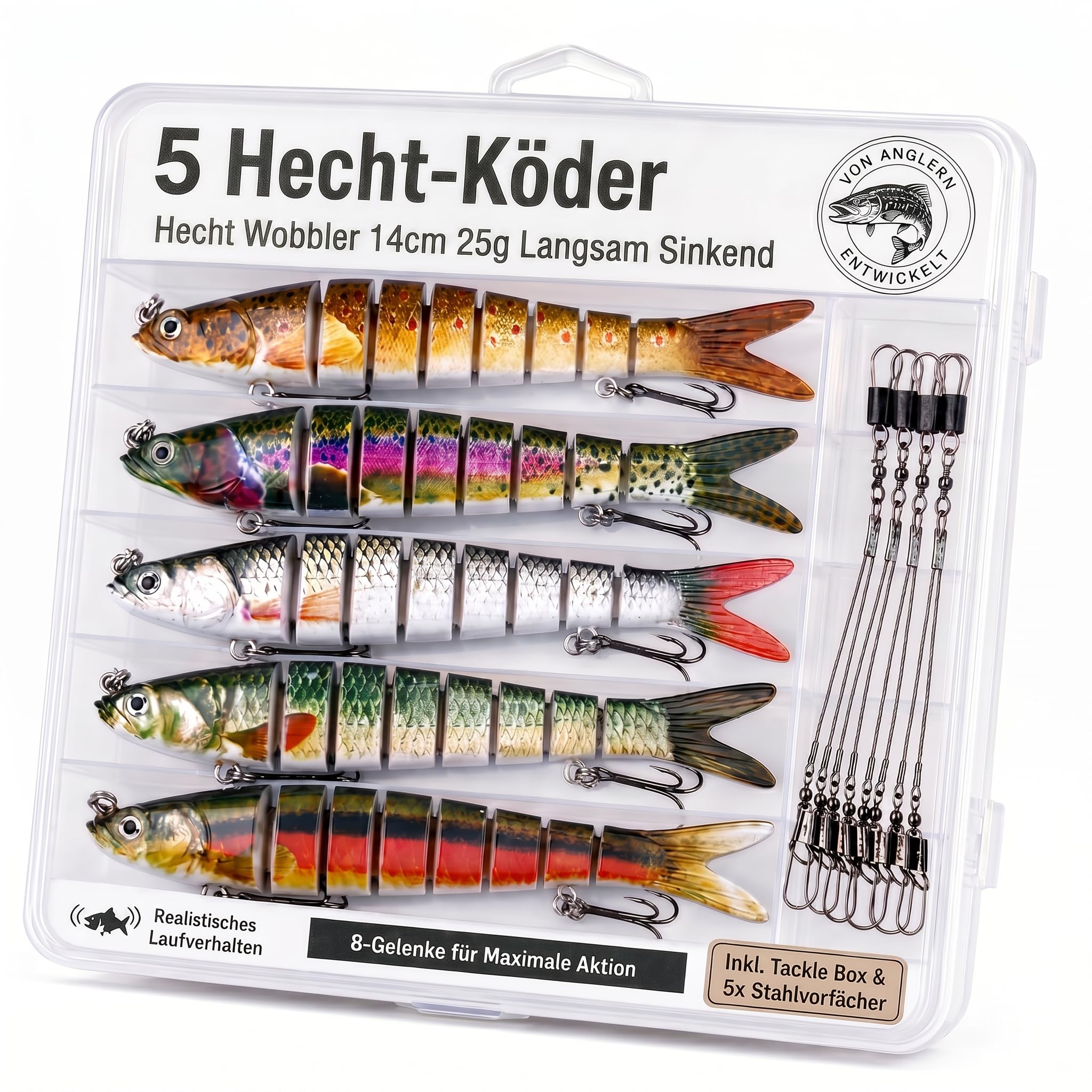 set esche artificiali 5 pezzi in scatola esche da pesca per la pesca dei predatori - spine multi-pezzo con snodo per una corsa realistica a lento affondamento