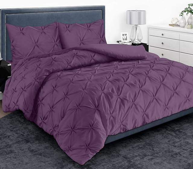 MH Home Pintuck Double Duvet Cover Set - 200 Thread Count 100% Egyptian Cotton Pinch Pleated Quilt Bedding Covers Set (Plum, Double)
