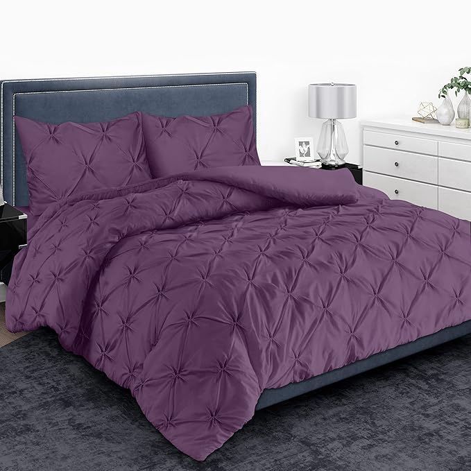 MH Home Pintuck Single Duvet Cover Set - 200 Thread Count 100% Egyptian Cotton Pinch Pleated Quilt Bedding Covers Set (Plum, Single)