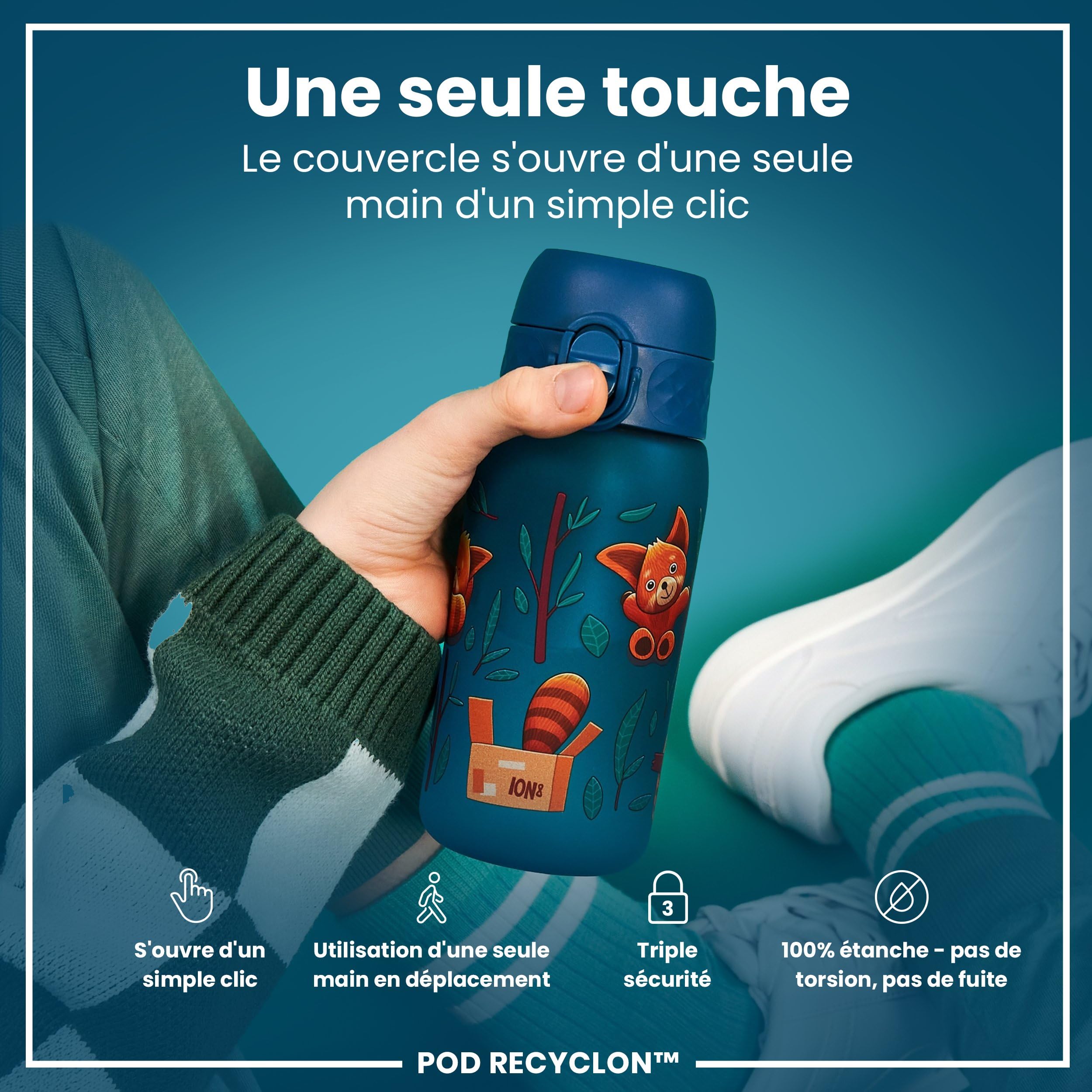 Ion8 Gourde Enfant, 350ml, Anti-Fuite, Facile à Ouvrir, Verrouillage Sécurisé, Lavable en Lave-Vaisselle, Sans BPA, Poignée de Transport, Facile à Nettoyer, Carbone Neutre, Pandas Roux