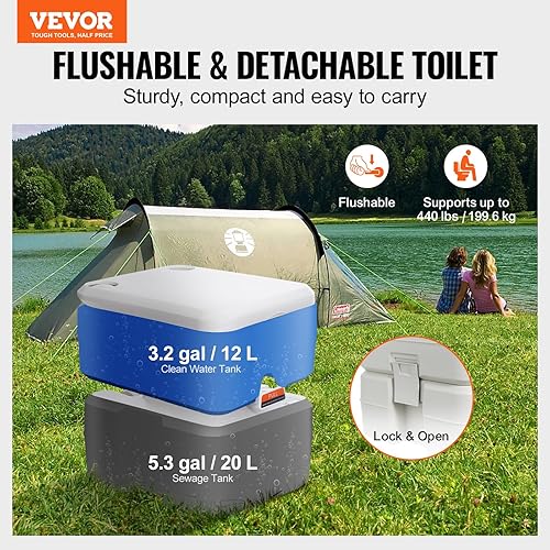 Miniatura 2 de VEVOR Inodoro portátil, inodoro para autocaravana con bolsa de transporte, inodoro de casete con tanque de residuos de 5.3 galones y tanque de