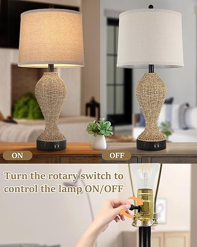 Miniatura 5 de Juego de 2 lámparas de mimbre de 27 pulgadas con interruptor giratorio, 2 puertos USB, lámpara de mesa de noche de mimbre para mesita de noche de