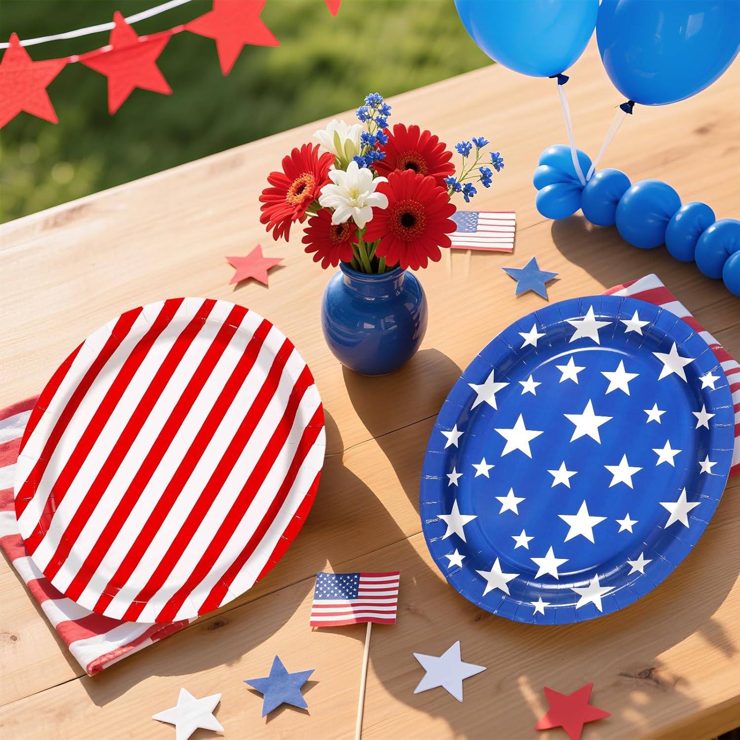 Grencian 100Pcs Veterans Day Oval Paper Plates 10" x 12" Large Heavy Patriotic American Flag Platters Red Blue White Stars Stripes Plate for Independent Memorial Veterans Election Day Party Decoration
