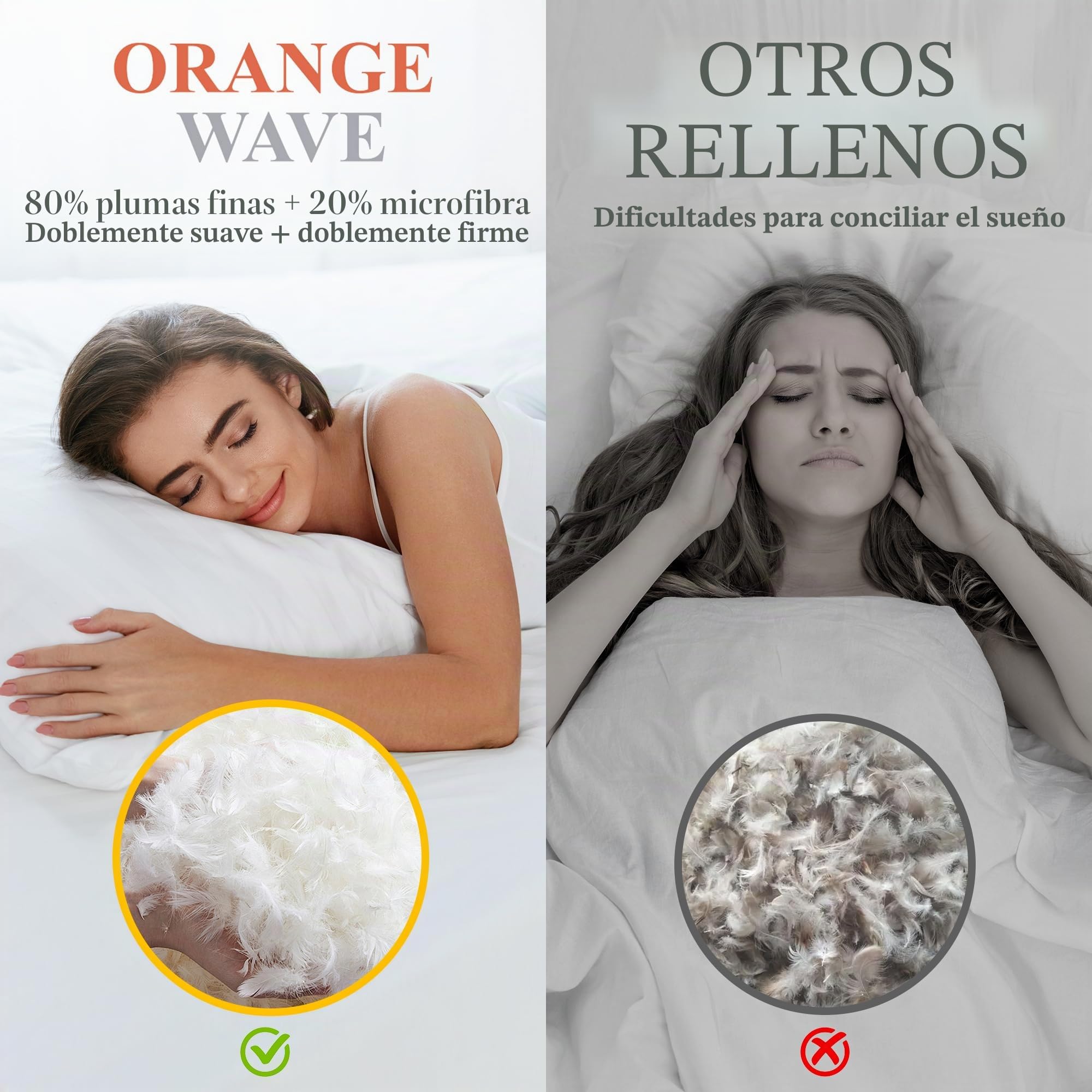 Orange Wave Almohada de Plumas 80x80cm – Cojín de Lujo de 80x80 cm con Plumón y Plumas Naturales, Comodidad Suave y Ergonómica para un Soporte Noches Placenteras, certificada RDS y Oeko-Tex