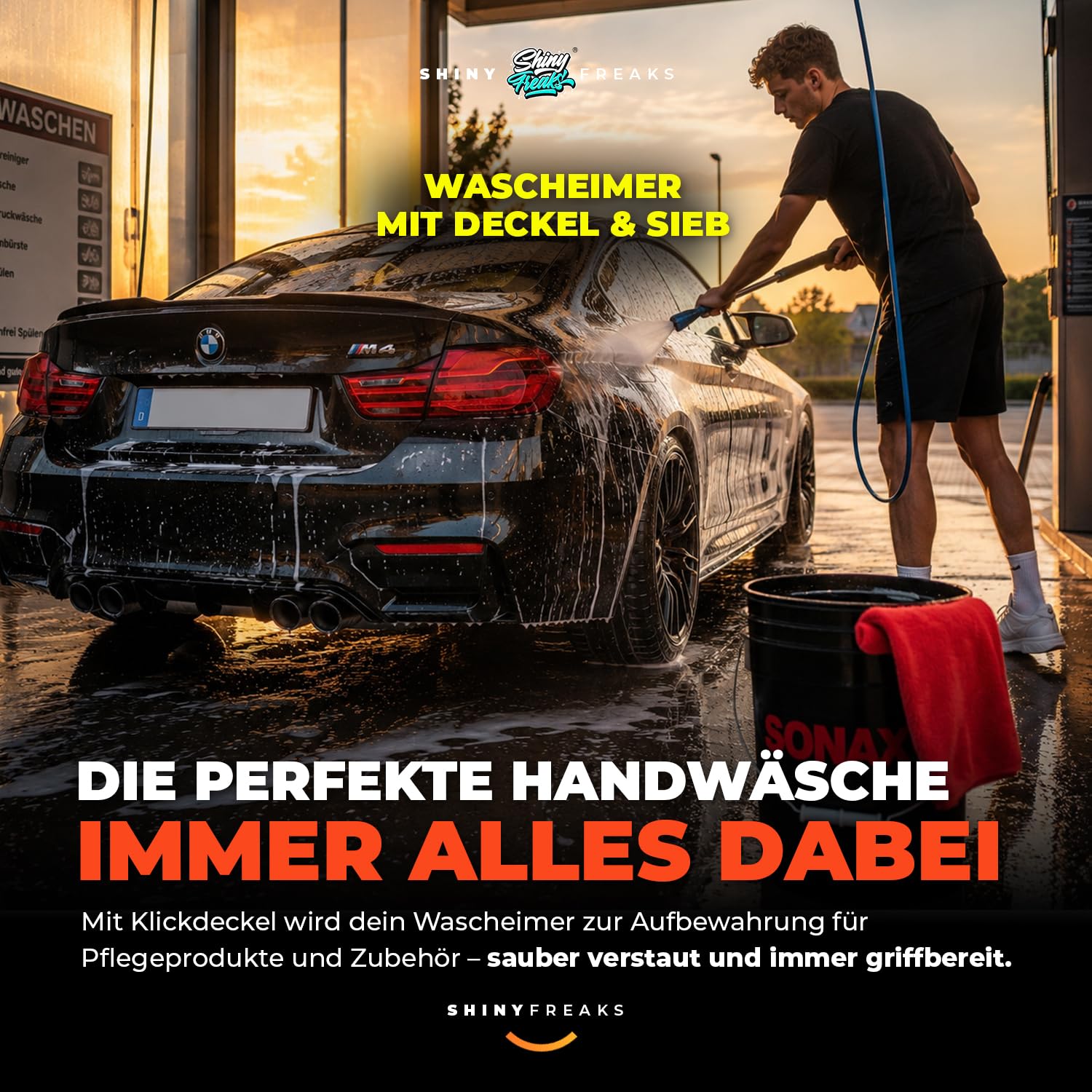 SONAX WaschEimer Autowasch Set 5GAL mit GlanzShampoo + FelgenBeast + BrilliantShine Detailer je 500ml + Schutzsieb + Waaschhandschuh + Tücher | Autopflege Handwäsche Felgenreinigung | 10-teilig