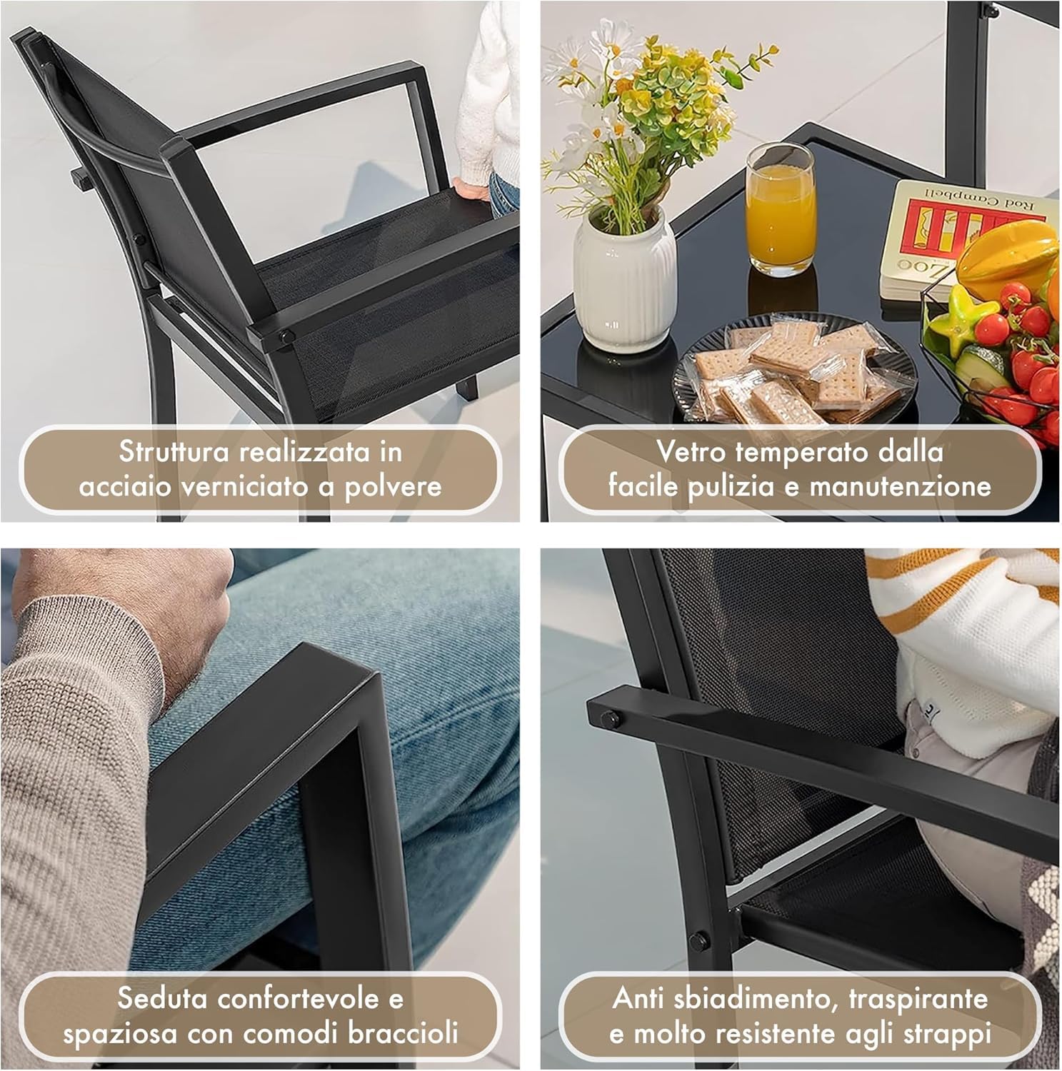 Salotto Da Esterno In Acciaio 2 Poltrone 1 Divano 1 Tavolo Giardino Esterno Con Seduta In Textilene Patio Salottino Relax Primavera Estate Mobili Estivi 4 Posti Tavolo Ripiano In Vetro - Nero