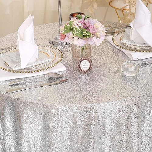Miniatura 5 de SquarePie Mantel redondo de lentejuelas plateado de 72 pulgadas brillante para boda, fiesta de cumpleaños, Navidad