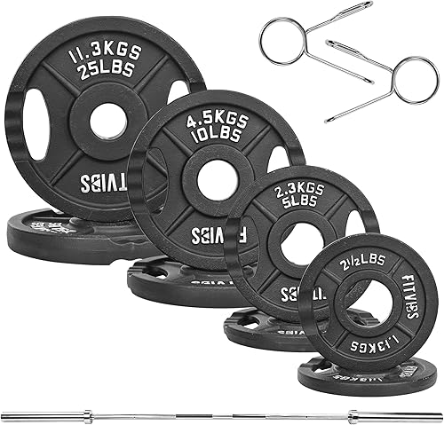 Fitvids Olympic Cast Iron 2-Inch Weight Plates Including 5FT Olympic Barbell Bar with Safely Locks, 100 Pounds Set (85 Lbs Plates + 15 Lbs Barbell