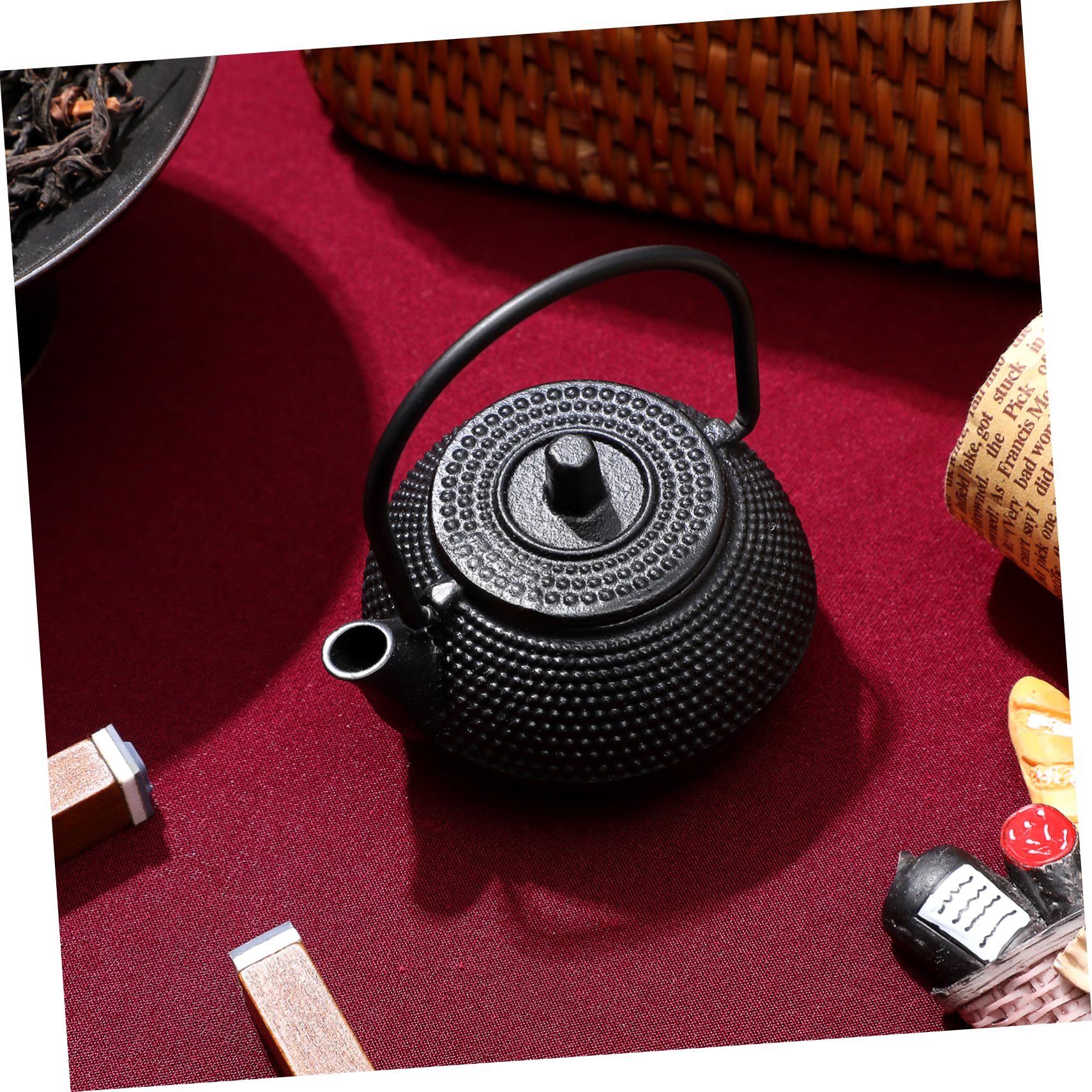 Juego de té de tetera de hierro fundido de 7 piezas, adorno de bandeja de té, tetera pequeña de hierro fundido, cerámica retro, regalo de inauguración de la casa, decoración del coche, tetera de hi