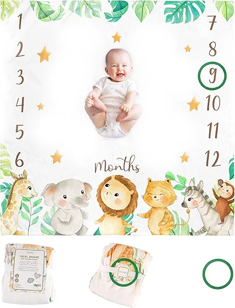 KooKooBaby Monthly Milestone Blanket, 47"x47" Premium Fleece Baby Blanket with Felt Marker, Safari Animals