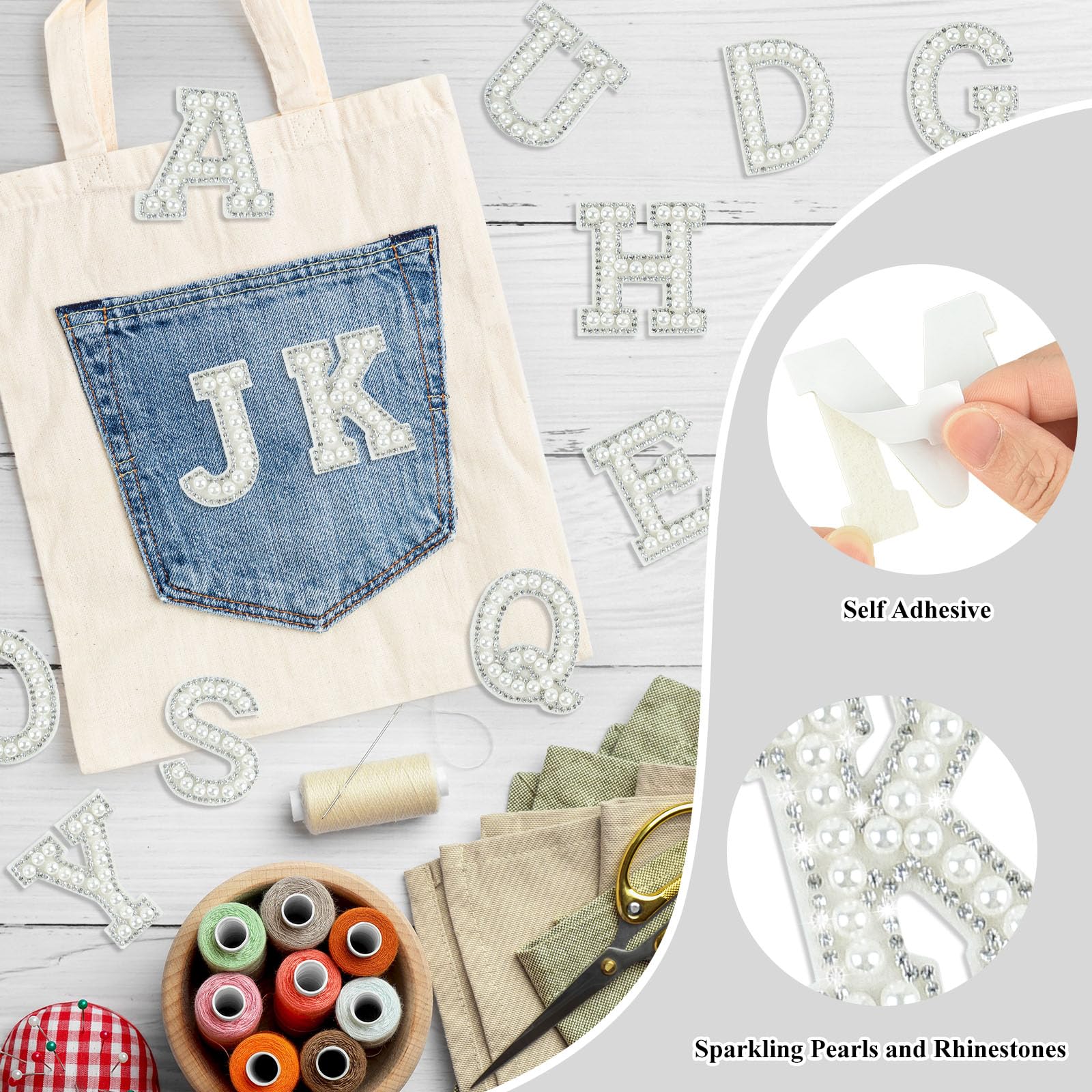 Morcheiong 52 stuks parelstrass letterpatches zelfklevende A-Z, opplakbare parel letterpatches voor kleding, stof, rugzak (lichtgeel