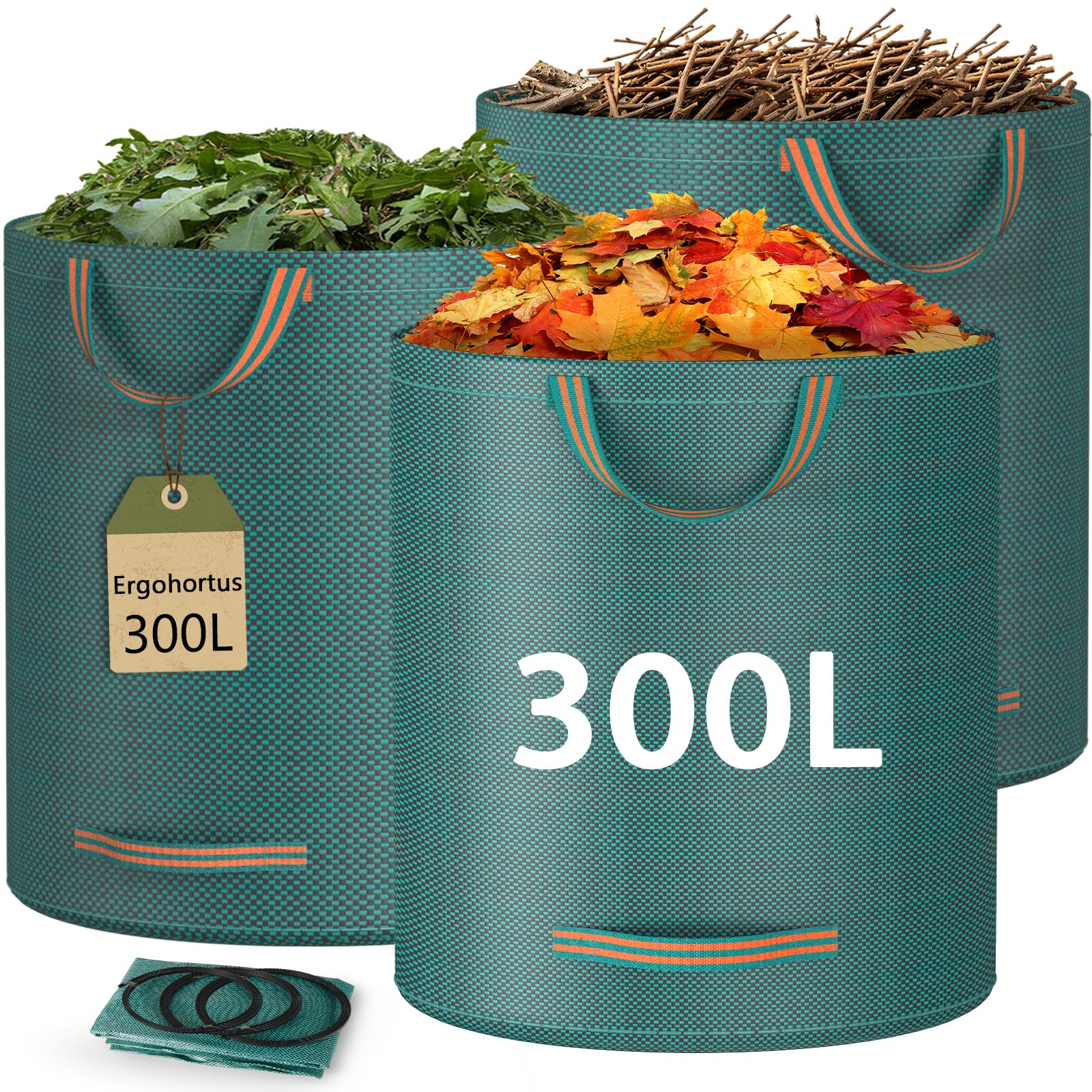 Ergohortus Heavy Duty Garden Waste Bags, 300L x 3 Resuable Garden Bags with Handles, Foldale Garden Sacks for Leaves Trash Debris - Waterproof Garden Trash Bags