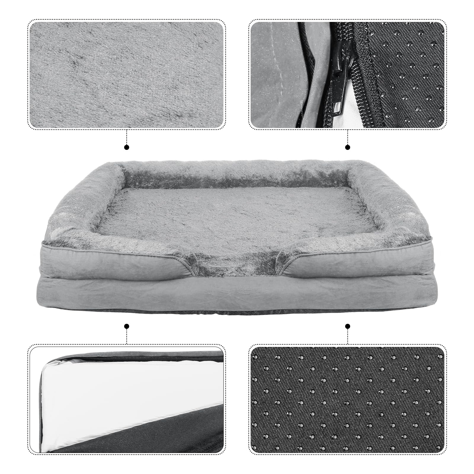 Cesta de perro grande, sofá para perro ortopédico y desenfundable, cama para perro, lavable, antideslizante y ultra suave, con cremallera, 106 x 80 x 20 cm (gris)