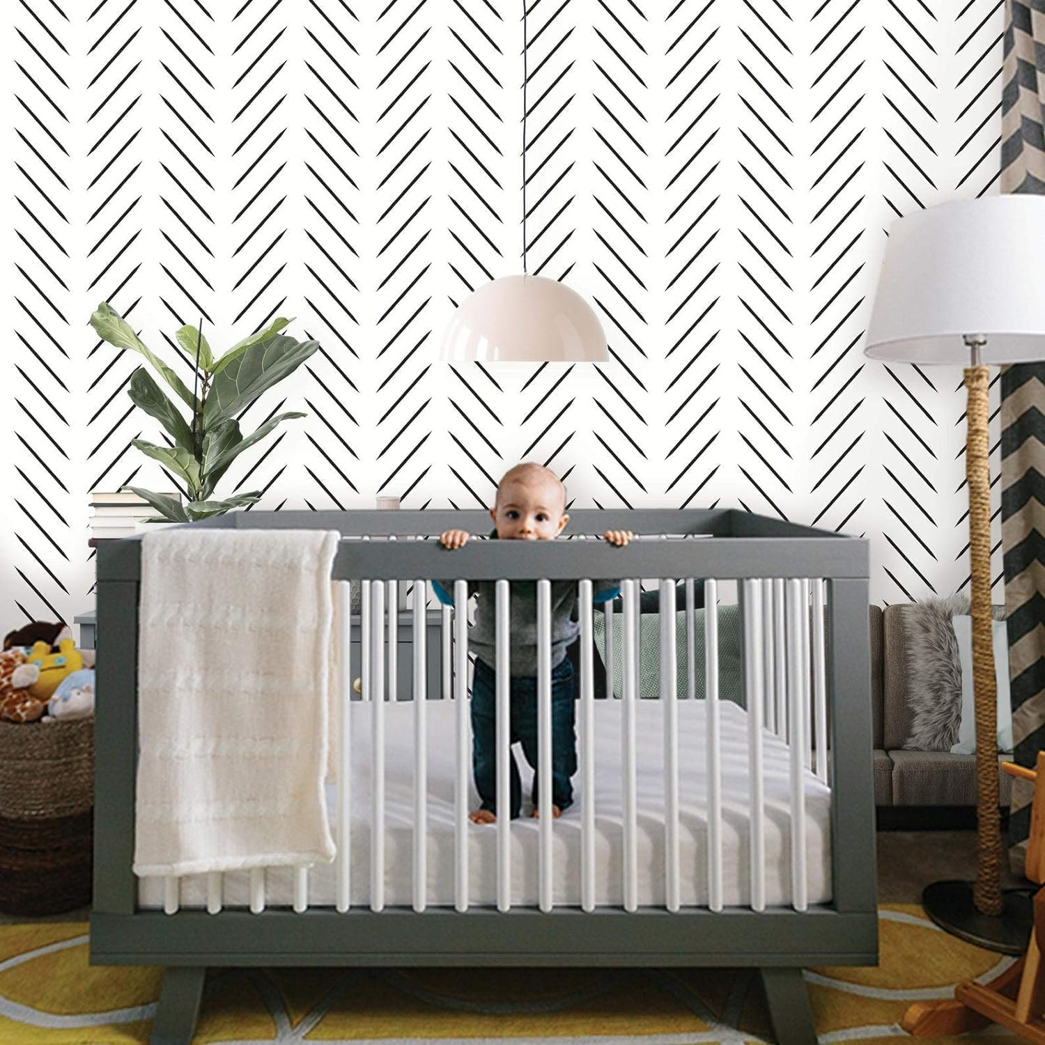 Modern Herringbone Peel and Stick Wallpaper | Removable Scandinavian Design Wallpaper | Self Adhesive Minimalist Mural | Chevron Boho Lines (1 roll 24" W x 96" H)