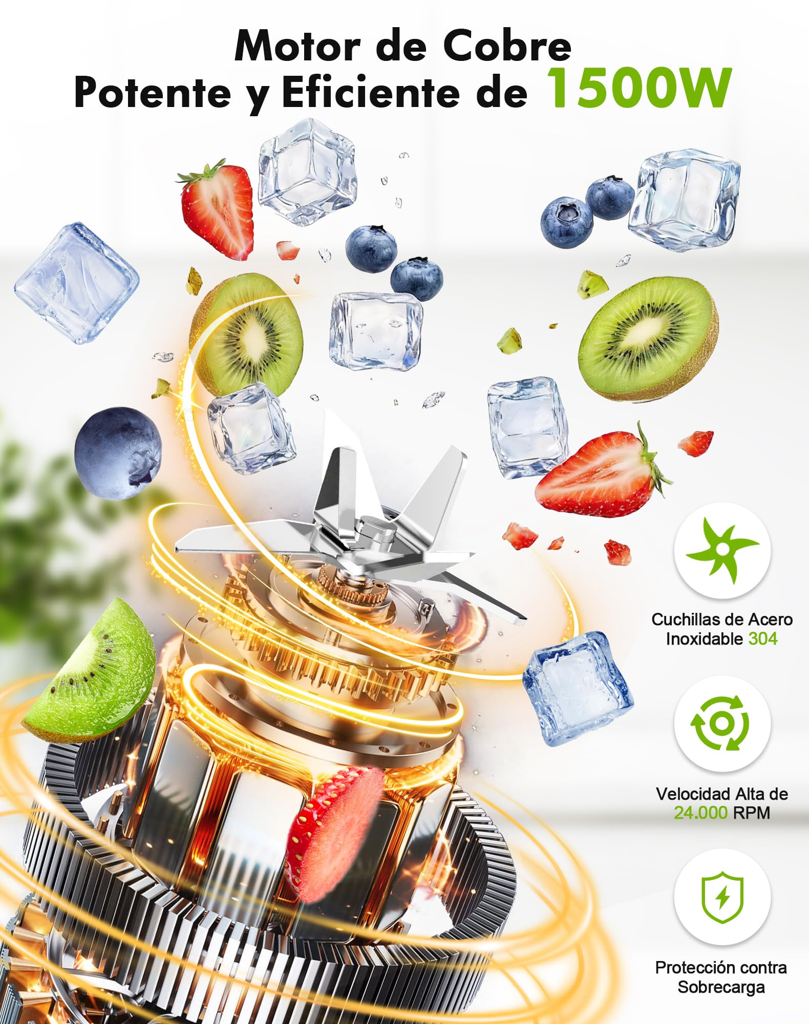 Batidora de Vaso, 1500W Batidora Smoothies, Vaso Batidora con Jarra de Vidrio 1,5L y Botella Tritan 600ml sin BPA, Velocidad Ajustable y Cuchillas de Acero Inoxidable, Licuadora para Zumos y Batidos