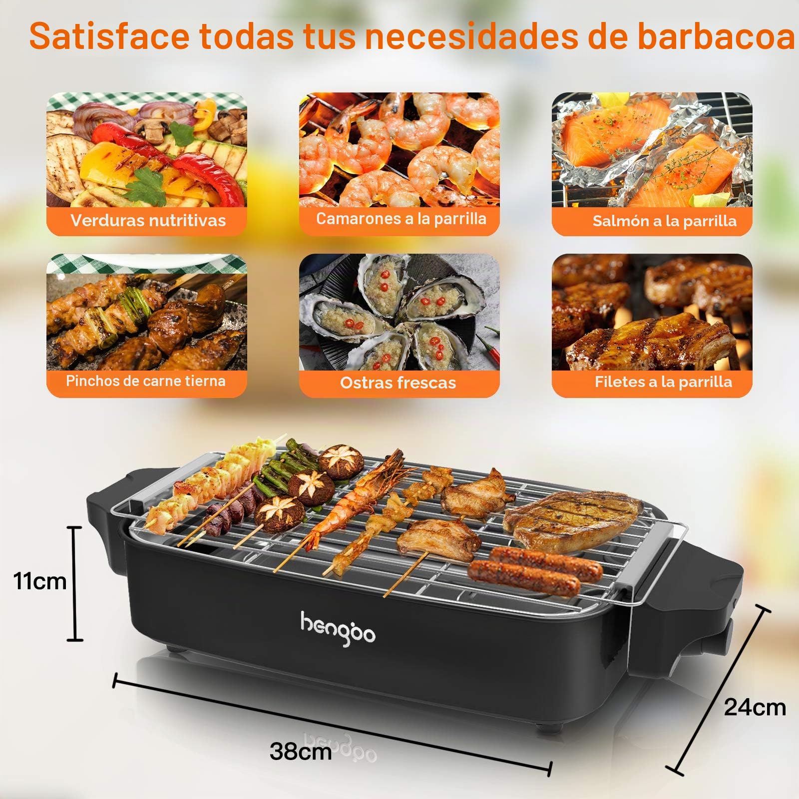 Parrilla Barbacoa, Barbacoa Éléctrica Grill Electrico BBQ Sin Humo de Mesa con Bandeja Recoge Grasa para Exterior Interior, Temperatura Ajustable, 1800W - Nero